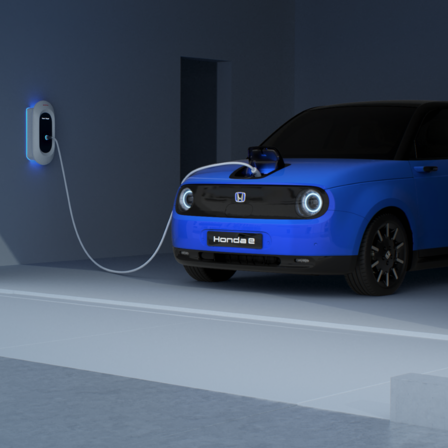 Tříčtvrtinový pohled zepředu na koncept Honda Urban EV s nabíjecí stanicí.